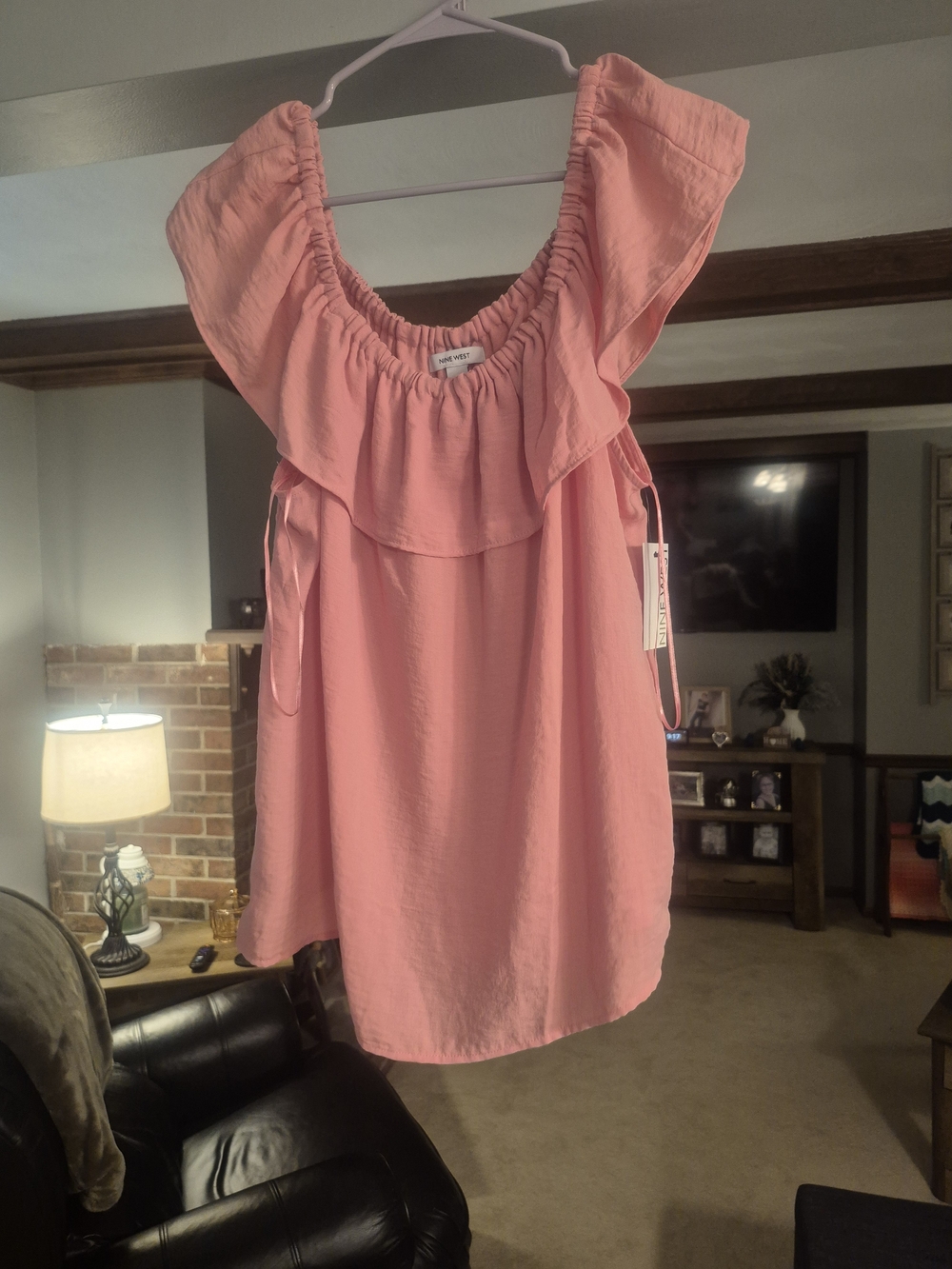Nine West Peach Off-Shoulder Ruffle Tank Top